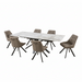 The Sorrento Dining Table with six Pedro brown cushioned chairs featuring black metal legs is displayed arranged around the table on a white background.