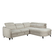 The Quebec Corner Sofabed With Storage is a light beige, L-shaped sectional with adjustable headrests, short black legs, a right-side chaise lounge, and hidden storage for extra functionality.