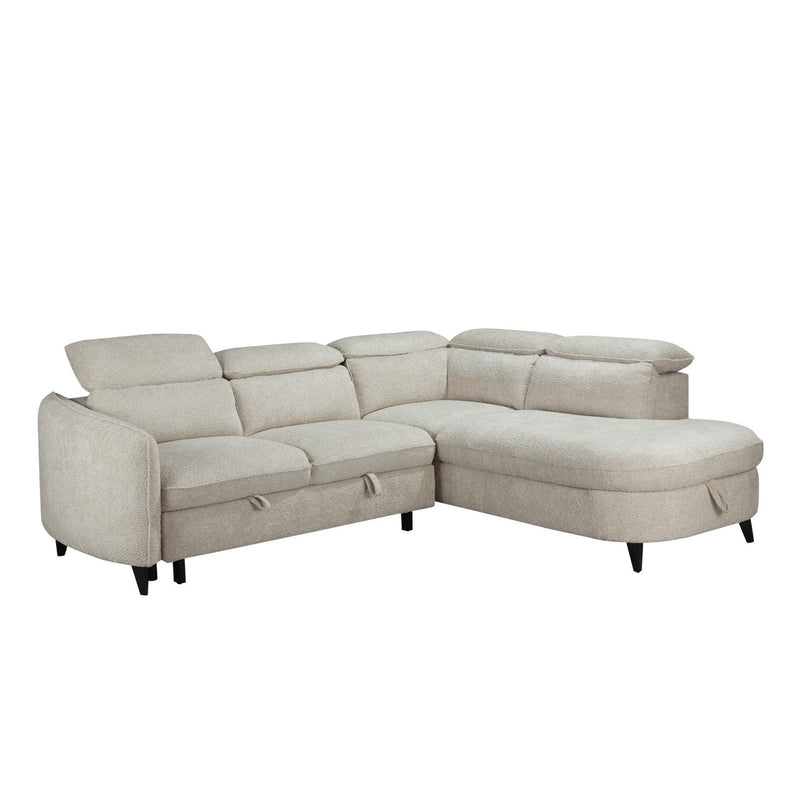 The Quebec Corner Sofabed With Storage is a light beige, L-shaped sectional with adjustable headrests, short black legs, a right-side chaise lounge, and hidden storage for extra functionality.