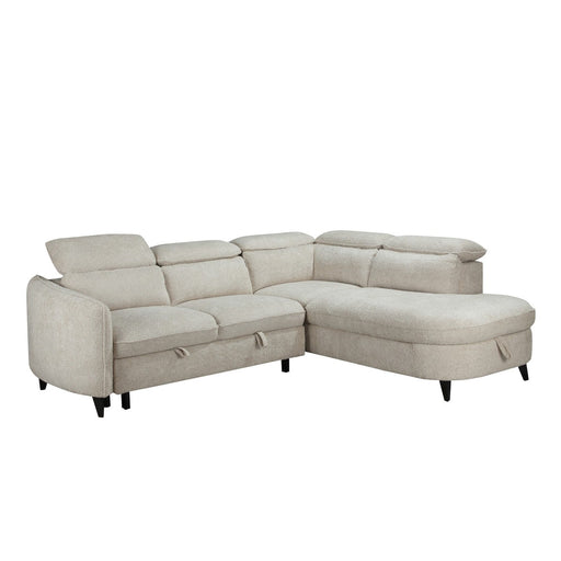 The Quebec Corner Sofabed With Storage is a light beige, L-shaped sectional with adjustable headrests, short black legs, a right-side chaise lounge, and hidden storage for extra functionality.