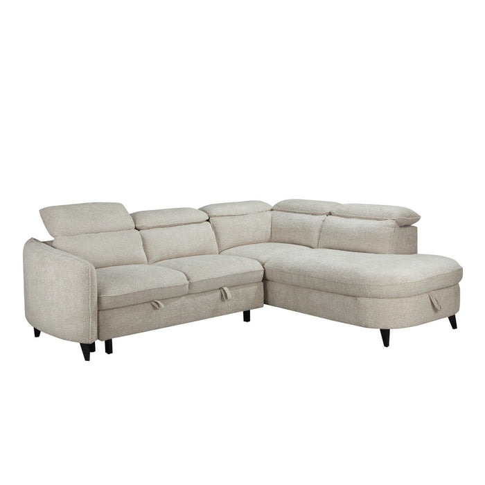 The Quebec Corner Sofabed With Storage is a light beige, L-shaped sectional with adjustable headrests, short black legs, a right-side chaise lounge, and hidden storage for extra functionality.