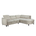 The Quebec Corner Sofabed With Storage is a light beige, L-shaped sectional with adjustable headrests, short black legs, a right-side chaise lounge, and hidden storage for extra functionality.