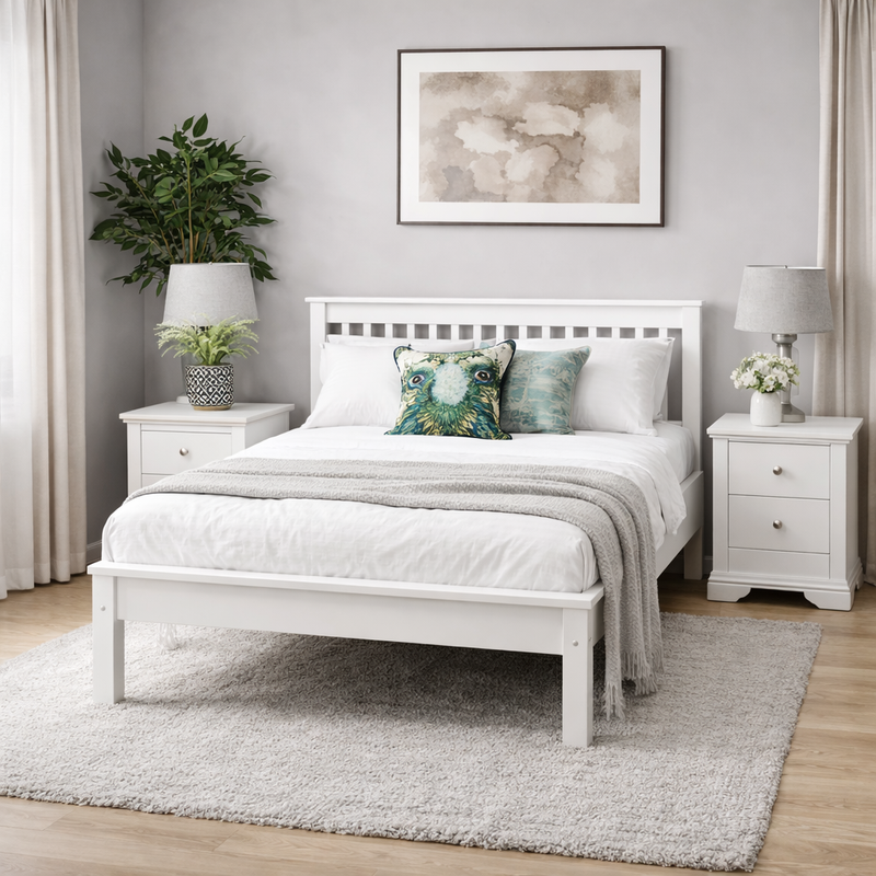 A modern kids bedroom featuring a white Malmo Bedframe, gray blanket, owl-themed throw pillow, two white nightstands with lamps, potted plants, framed abstract art, and light curtains on a light gray rug.