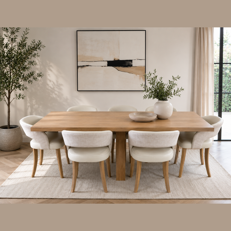 A modern dining room features the Marlo 200cm Table paired with six Willow chairs on a light rug. A potted plant and bowl decorate the table, while abstract art and a tall plant enhance the neutral-toned space.