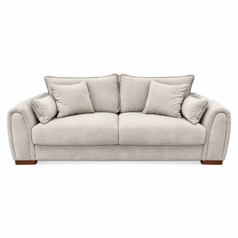 Light beige Berkley 3+2 - Special Offer two-seater sofa in stone fabric, featuring two large back cushions and two matching throw pillows.