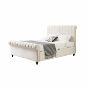 The Ascot Storage Bedframe is a beige velvet ottoman bed with a sleek white frame and a convenient lift-up storage compartment.