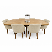 The Ashton 2.1 Table & 6 Como Chairs set is arranged with six beige chairs around the table and a tall clear glass vase at the center for an elegant touch.