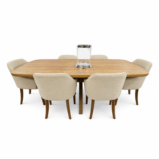 The Ashton 2.1 Table & 6 Como Chairs set is arranged with six beige chairs around the table and a tall clear glass vase at the center for an elegant touch.