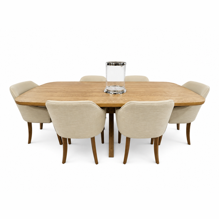 The Ashton 2.1 Table & 6 Como Chairs set is arranged with six beige chairs around the table and a tall clear glass vase at the center for an elegant touch.
