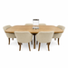 The Ashton 2.1 Table & 6 Como Chairs set is arranged with six beige chairs around the table and a tall clear glass vase at the center for an elegant touch.