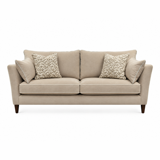 The Layla beige two-cushion grand sofa features two patterned accent pillows, two solid side pillows, and dark wooden legs, all crafted with washable aquaclean fabrics.