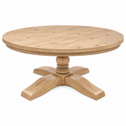 Newbury Round Dining Table in brushed oak with a central pedestal base and a four-point cross-shaped foot.