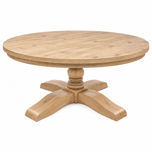 Newbury Round Dining Table in brushed oak with a central pedestal base and a four-point cross-shaped foot.