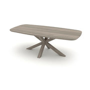 A rectangular dining table with a distinctive angled leg design, made from solid ash wood in a natural gray tone.