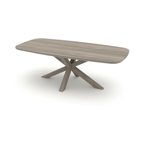 A rectangular dining table with a distinctive angled leg design, made from solid ash wood in a natural gray tone.