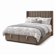 The Hilton Storage Bedframe features a tall, vertical-panel headboard and built-in storage drawers. It's styled with white and gray damask bedding, multiple pillows, and a gray throw blanket for a modern look.