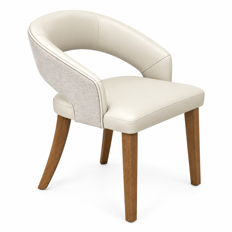 Willow Dining Chair with a curved backrest, cream-colored seat and frame, textured light-colored outer back, and four tapered wooden legs.
