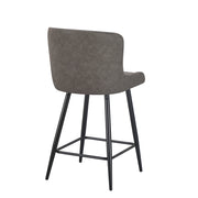 The Diamond Counter Stool features a curved gray upholstered backrest and seat, four slim black metal legs, and a footrest bar, shown from the back at an angle.