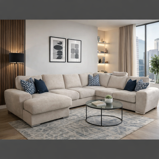 A modern living room featuring the Grand Corner Group 4L, patterned blue and white pillows, a round glass coffee table, light rug, wall art, wood panel accent, built-in shelves, floor lamp, and a large window with city views.