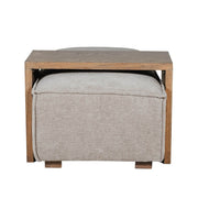 The Bodhi Ottoman + Coffee Table features a beige upholstered modular ottoman with a wooden tray-style coffee table that fits neatly and securely on top.