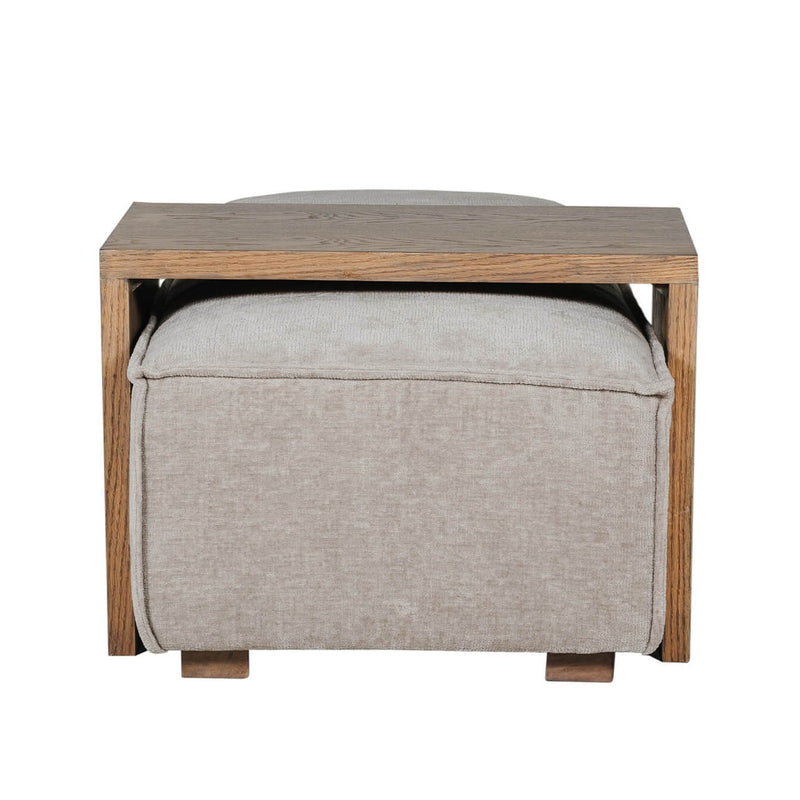 The Bodhi Ottoman + Coffee Table features a beige upholstered modular ottoman with a wooden tray-style coffee table that fits neatly and securely on top.