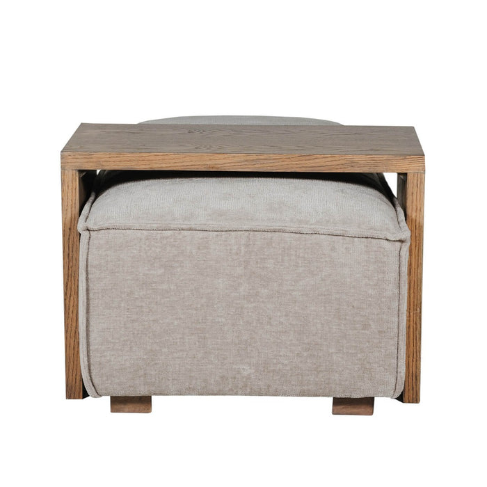 The Bodhi Ottoman + Coffee Table features a beige upholstered modular ottoman with a wooden tray-style coffee table that fits neatly and securely on top.