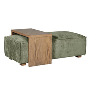 The Bodhi Ottoman + Coffee Table set combines a green fabric modular ottoman with a low, rectangular wooden coffee table in a sleek mink finish that partially rests on and extends over one side of the ottoman.