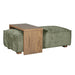 The Bodhi Ottoman + Coffee Table set combines a green fabric modular ottoman with a low, rectangular wooden coffee table in a sleek mink finish that partially rests on and extends over one side of the ottoman.