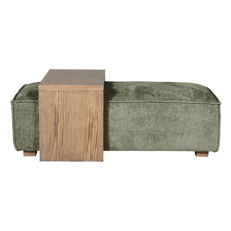 The Bodhi Ottoman + Coffee Table features a green upholstered cushion and a sleek mink-finished wooden table, offering modular design ideal for versatile living spaces.