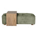The Bodhi Ottoman + Coffee Table features a green upholstered cushion and a sleek mink-finished wooden table, offering modular design ideal for versatile living spaces.