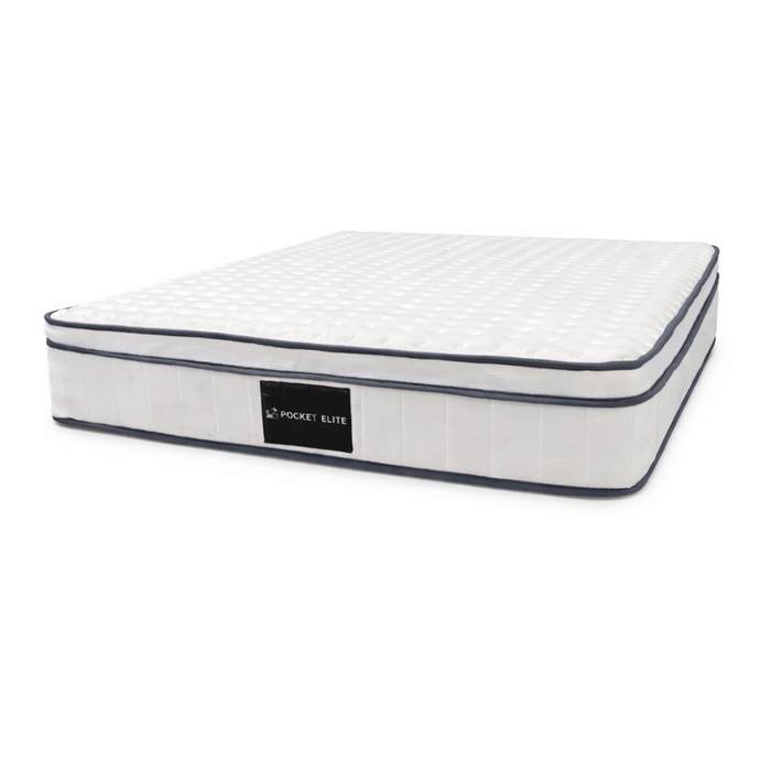 The Pocket Elite Mattress, featuring a white quilted top and dark edge trim for firm support, is shown on a white background.