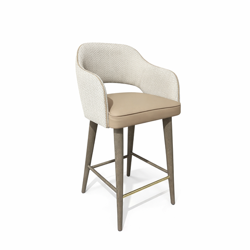 The Turim Counter Stool features a modern design with a light beige cushioned seat, curved backrest with patterned upholstery, and four wooden legs joined by metal footrests.