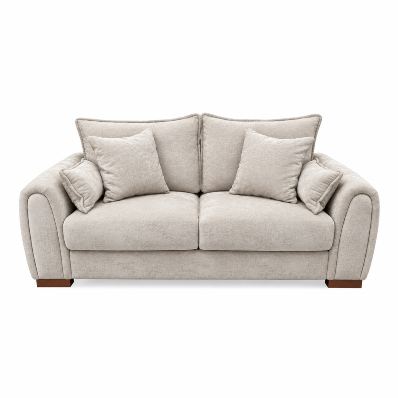 Beige Berkley 3+2 - Special Offer two-seater sofa in stone fabric, featuring two back cushions and two matching throw pillows on each side.