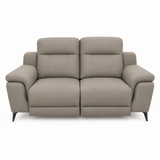 Chloe Electric Recliner, a two-seat taupe microfibre reclining sofa with high backrests and dark tapered legs.