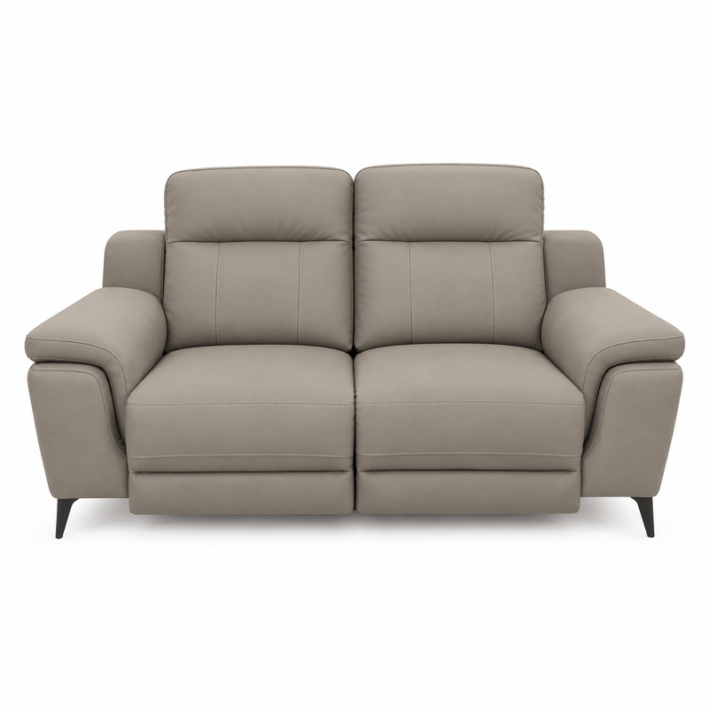 Chloe Electric Recliner, a two-seat taupe microfibre reclining sofa with high backrests and dark tapered legs.