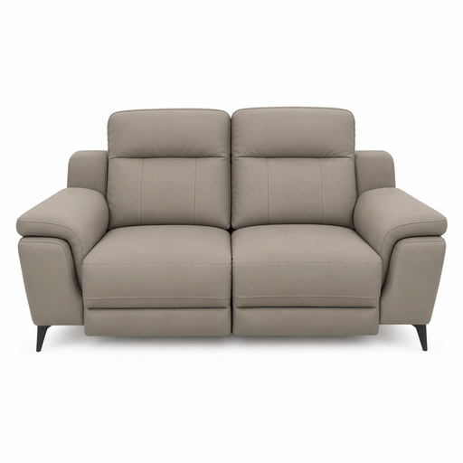 Chloe Electric Recliner, a two-seat taupe microfibre reclining sofa with high backrests and dark tapered legs.