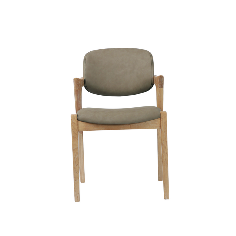 The Mila Dining Chair showcases a modern design with a solid wood frame and light wood legs. It features a cushioned seat and backrest upholstered in olive green fabric, presented against a plain white background. Blending style and comfort, the Mila Dining Chair is an ideal choice for contemporary dining spaces.