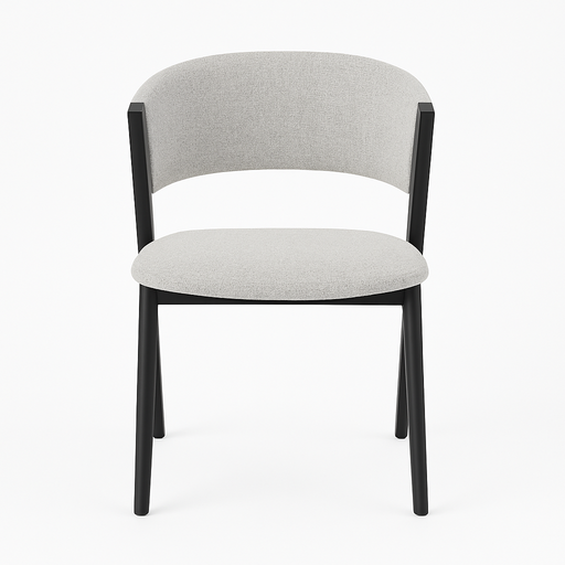 The Titan Dining Chair features a curved backrest and seat upholstered in light grey stone fabric, supported by a sleek black wooden frame, displayed against a plain white background.