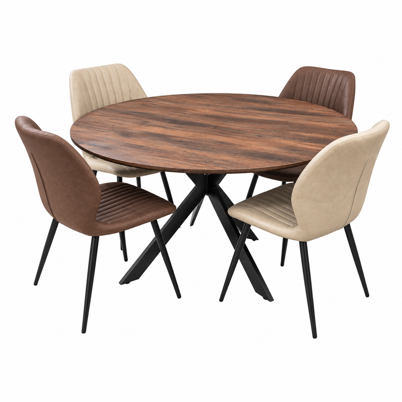 The Elson Dark Round Table + 4 Lyra Chairs features a modern round table with black X legs surrounded by four upholstered chairs in alternating cream and brown colors, each set on matching black metal legs.