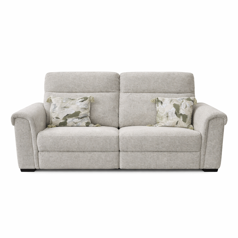 The Luna Electric Recliner is a light gray contemporary sofa featuring wide armrests and two abstract-patterned pillows, presented against a plain white background.