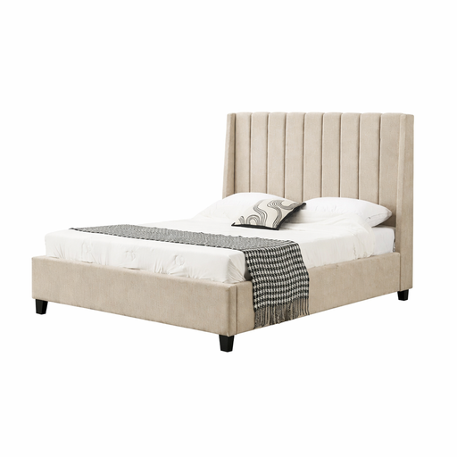 The Oscar Bedframe features a beige wingback design with a tall, vertically paneled headboard, styled with white bedding, two pillows, a patterned accent pillow, and a black-and-white throw blanket at the foot.