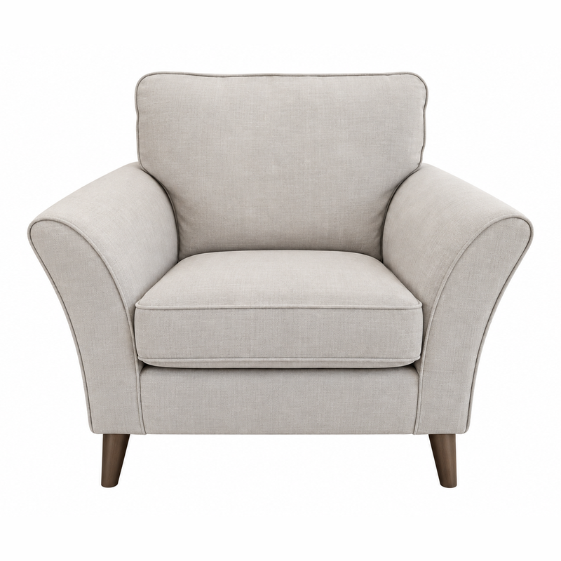 Retro Sofa Range armchair in light gray with flared arms, Aquaclean fabric, and dark wooden tapered legs.