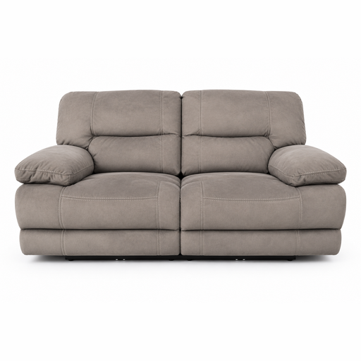 Dark taupe Gibson Electric Recliner loveseat with two reclining seats, cushioned armrests, and visible seam detailing.
