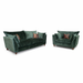 The Cleo Range includes a green velvet sofa and matching armchair with angled arms and legs, deep seats, and colorful patterned pillows, displayed against a white background.
