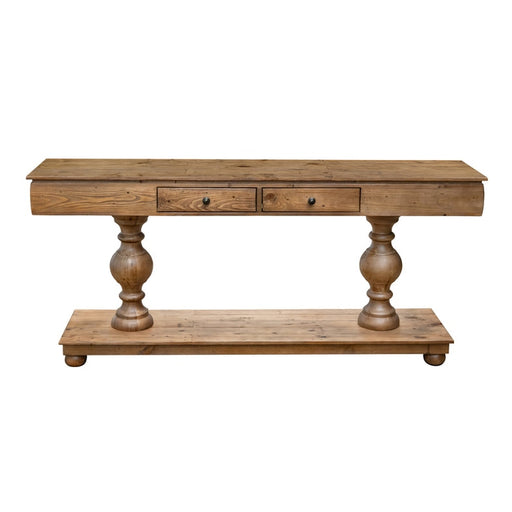 The Leeds Console Table offers timeless rustic style with two small drawers, decorative turned legs, and a lower shelf, all crafted from natural wood with a smooth finish for added charm.