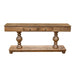 The Leeds Console Table offers timeless rustic style with two small drawers, decorative turned legs, and a lower shelf, all crafted from natural wood with a smooth finish for added charm.
