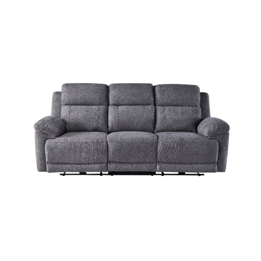 The Elenor Electric Reclining Range is a gray three-seater sofa with plush cushions, wide armrests, and a contemporary design, shown on a plain white background.