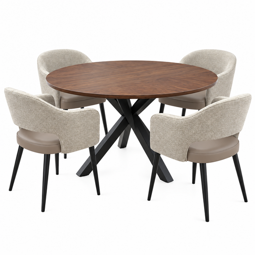 New York Round Table & 4 Macey Chairs featuring a round walnut veneer top with a black X-frame base and four dining chairs with curved upholstered backs and tan seats on black legs.
