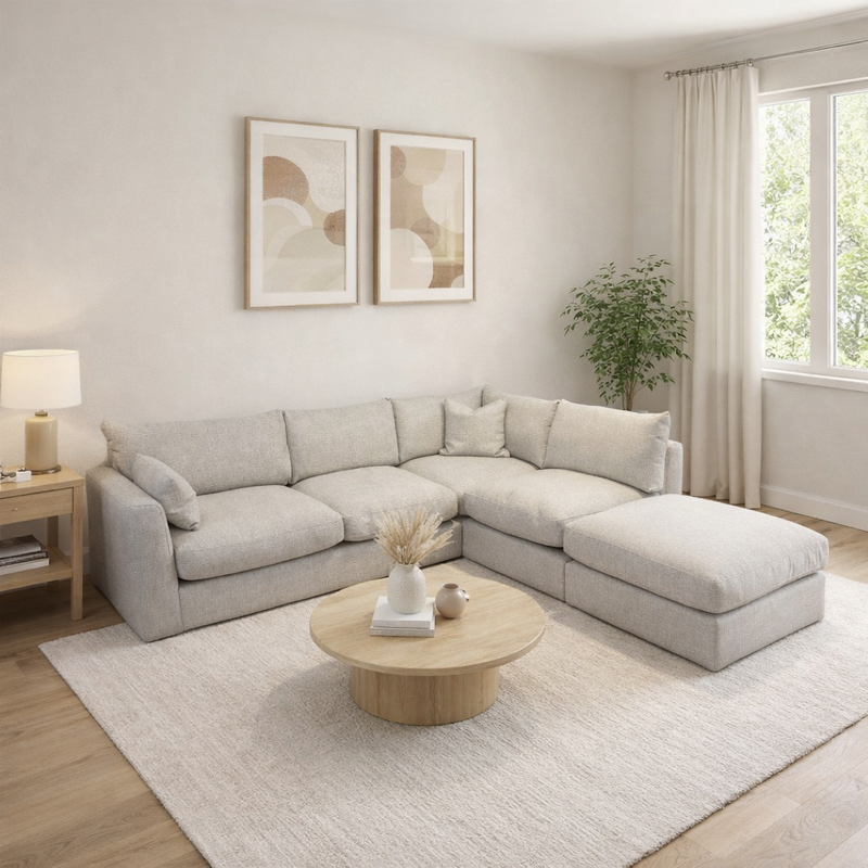 A cozy living room with a Casablanca Corner Sofa, deep fiber-filled seats, a round wood coffee table, side table and lamp, beige abstract art, potted plant, and a large window with cream curtains.
