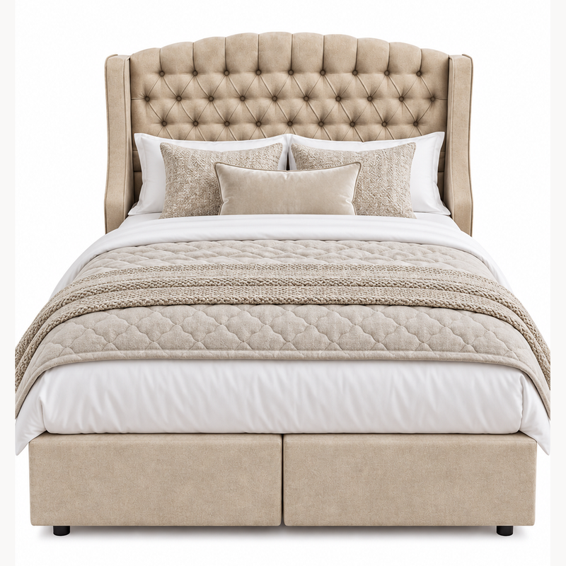 Ambassador Storage Bedframe in beige chenille with a tufted, arched headboard and two base storage options, styled with white linens and decorative pillows.